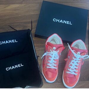 CHANEL red and white Sneakers with pearl Chanel detail. Worn twice indoors 37/7